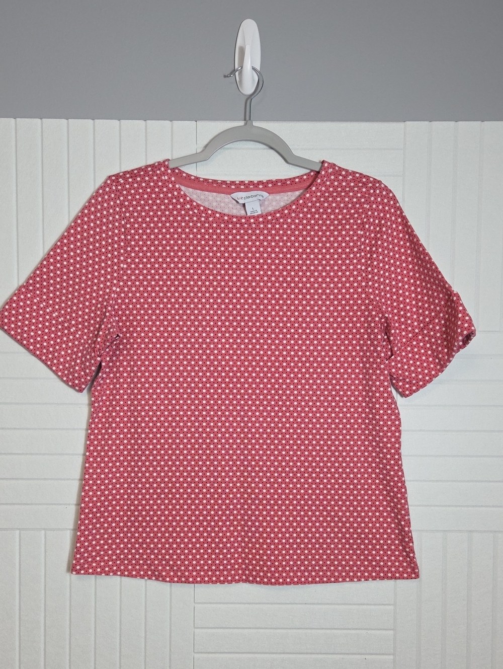 Liz Claiborne 100% Cotton Pink Polkadot Cuffed Sleeve Tee Shirt Size L